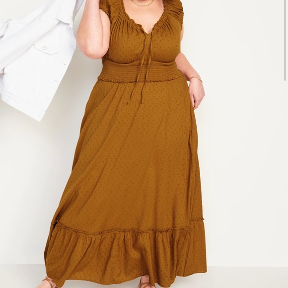 Old Navy Gold Puff-Sleeve Waist-Defined Clip-Dot Midi Dress Sz Large - Picture 2 of 2